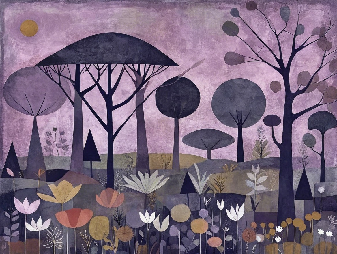 Whimsical Landscape with Stylized Trees and Flowers