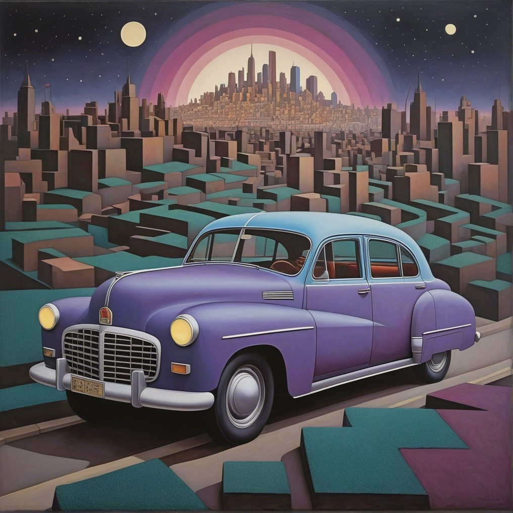 Vintage Purple Car with Abstract Cityscape Background