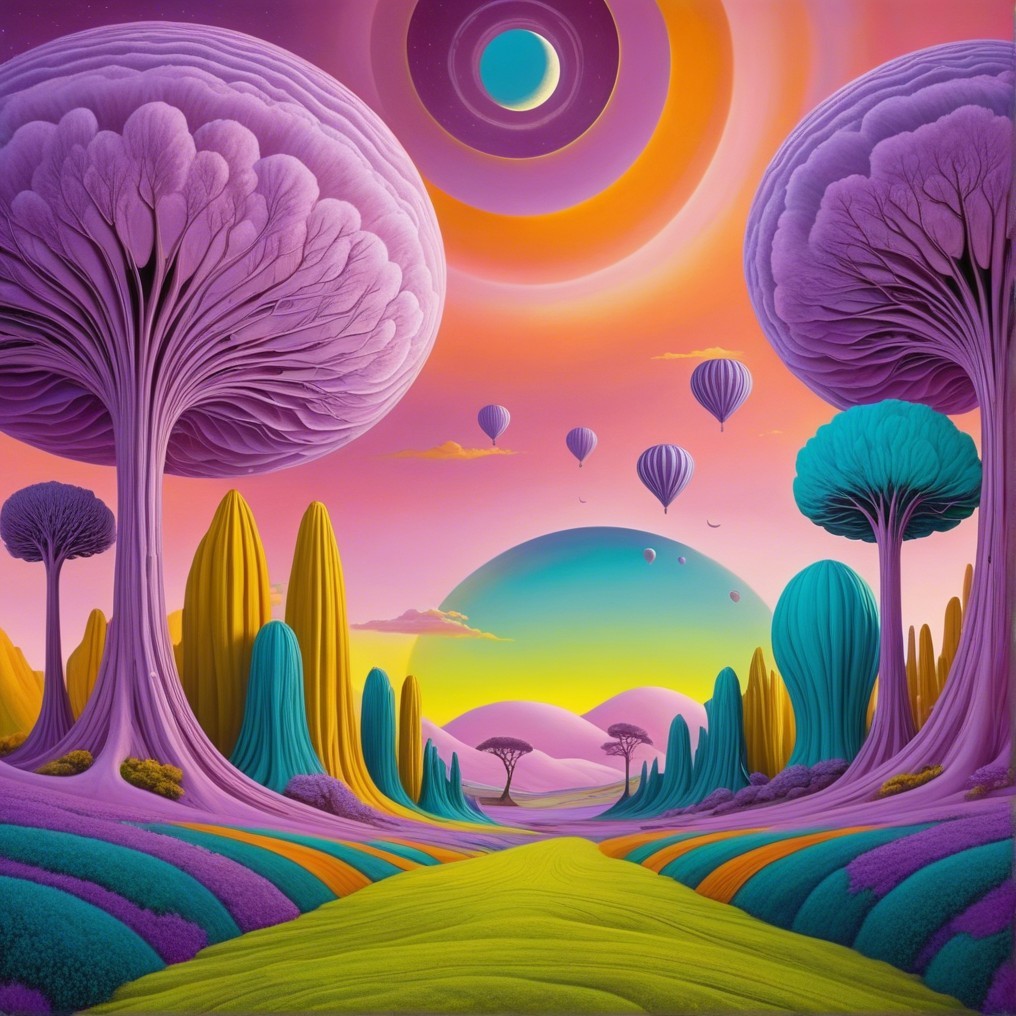 Surreal Landscape with Fantastical Trees and Balloons