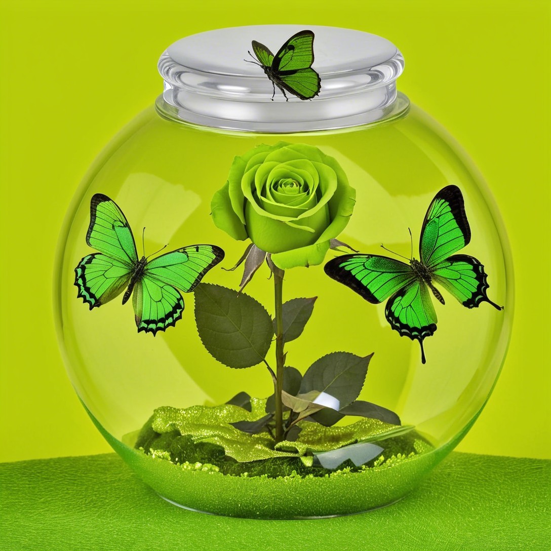Vibrant Glass Jar with Green Rose and Butterflies