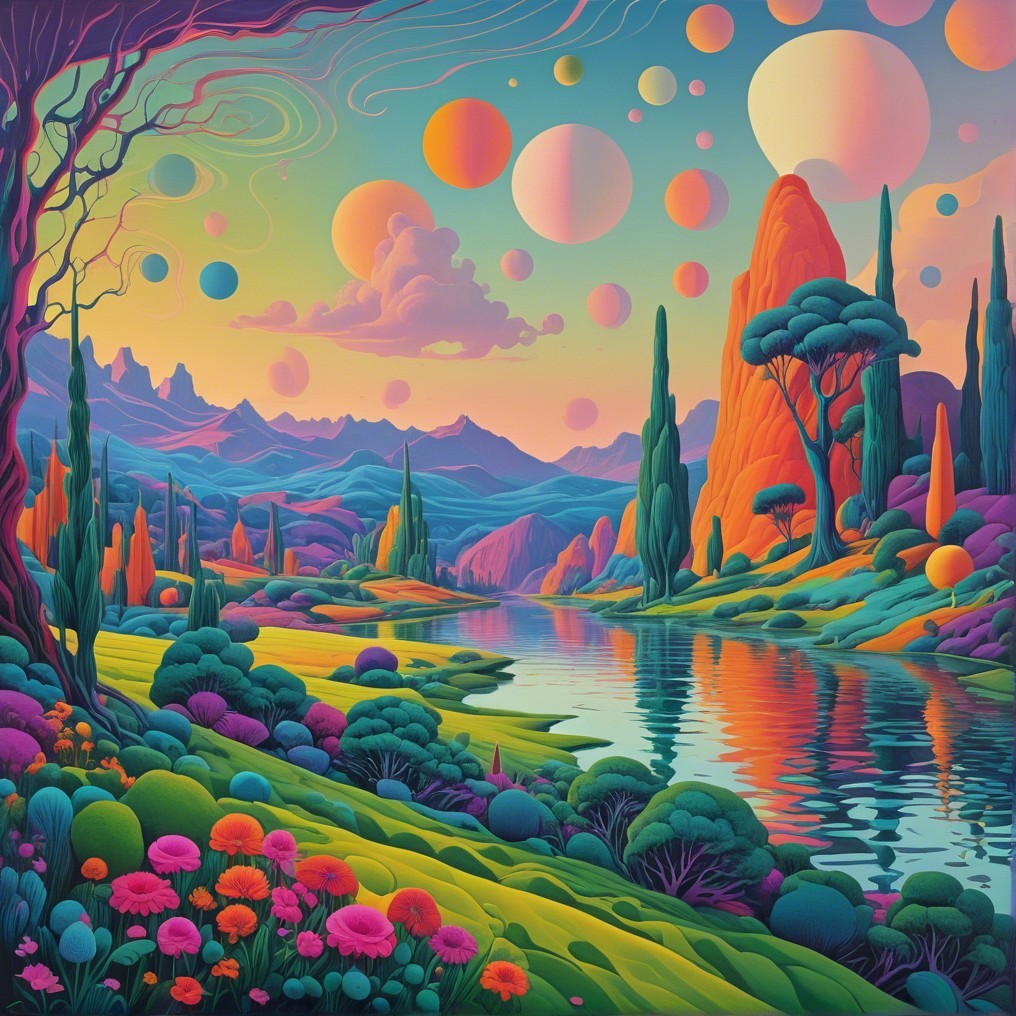Surreal Landscape with Vibrant Planets and Flora
