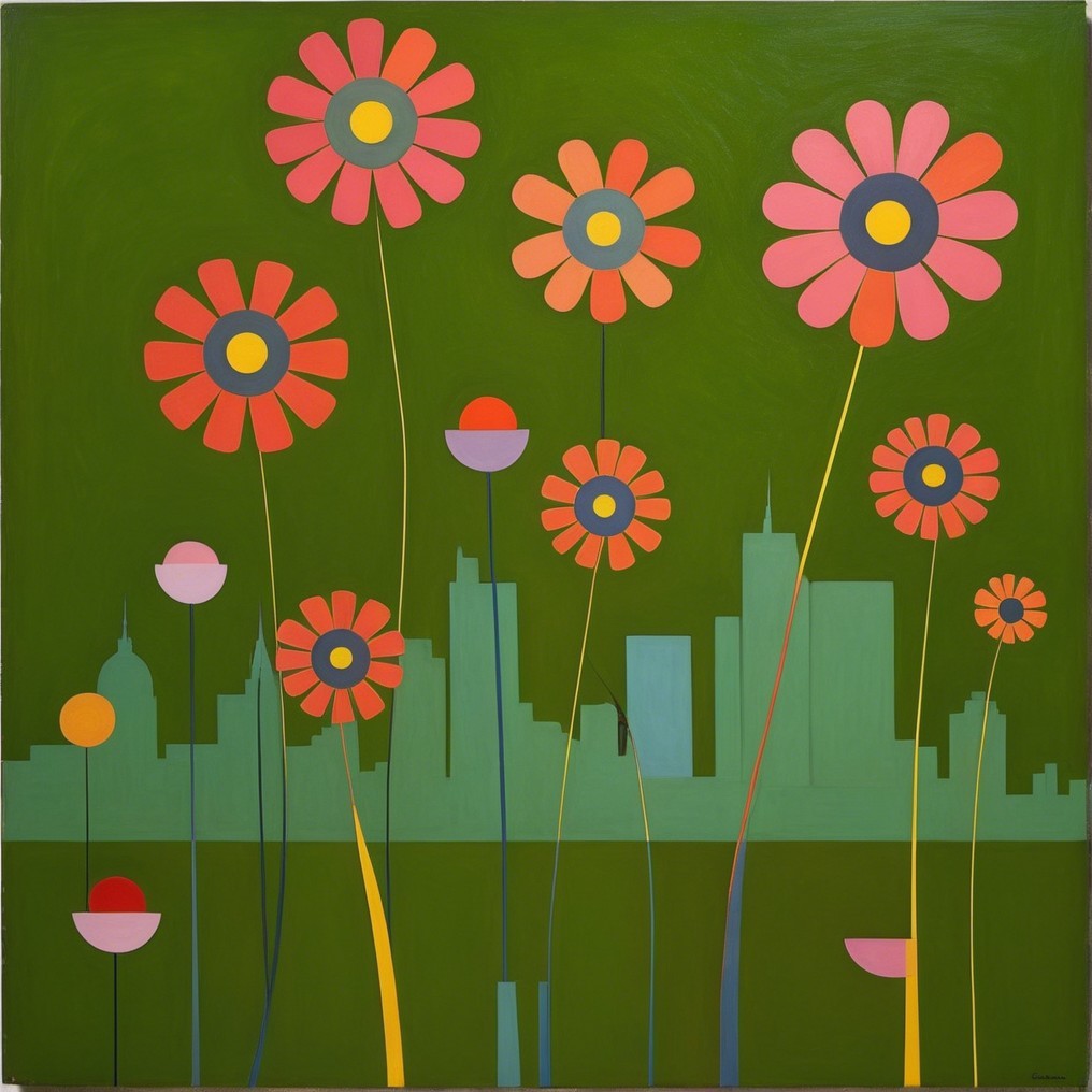 Vibrant Painting of Colorful Flowers and City Skyline