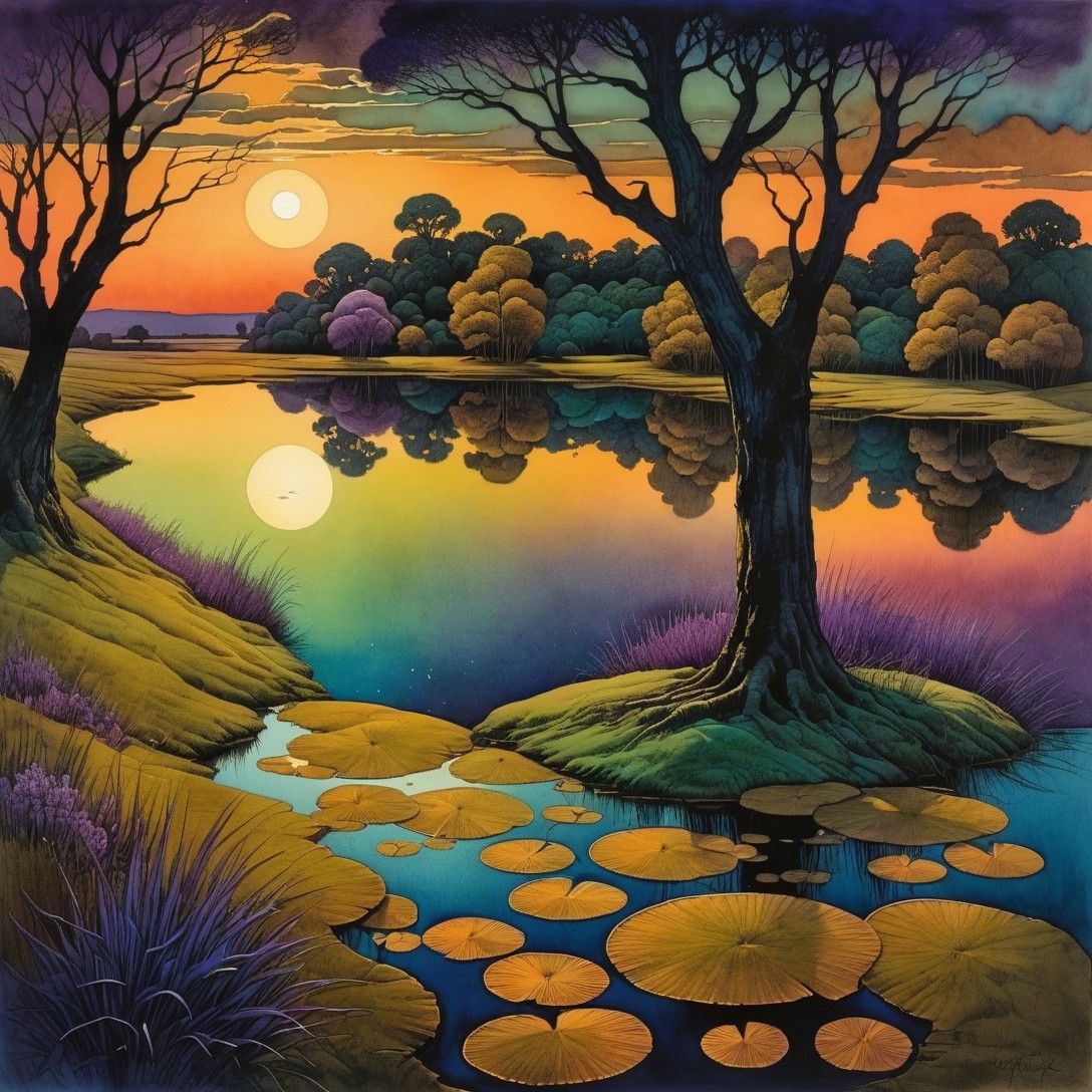 Tranquil Lake at Sunset with Silhouetted Trees