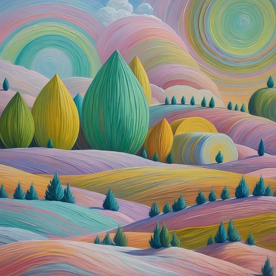 Vibrant Landscape with Stylized Trees and Pastel Hills