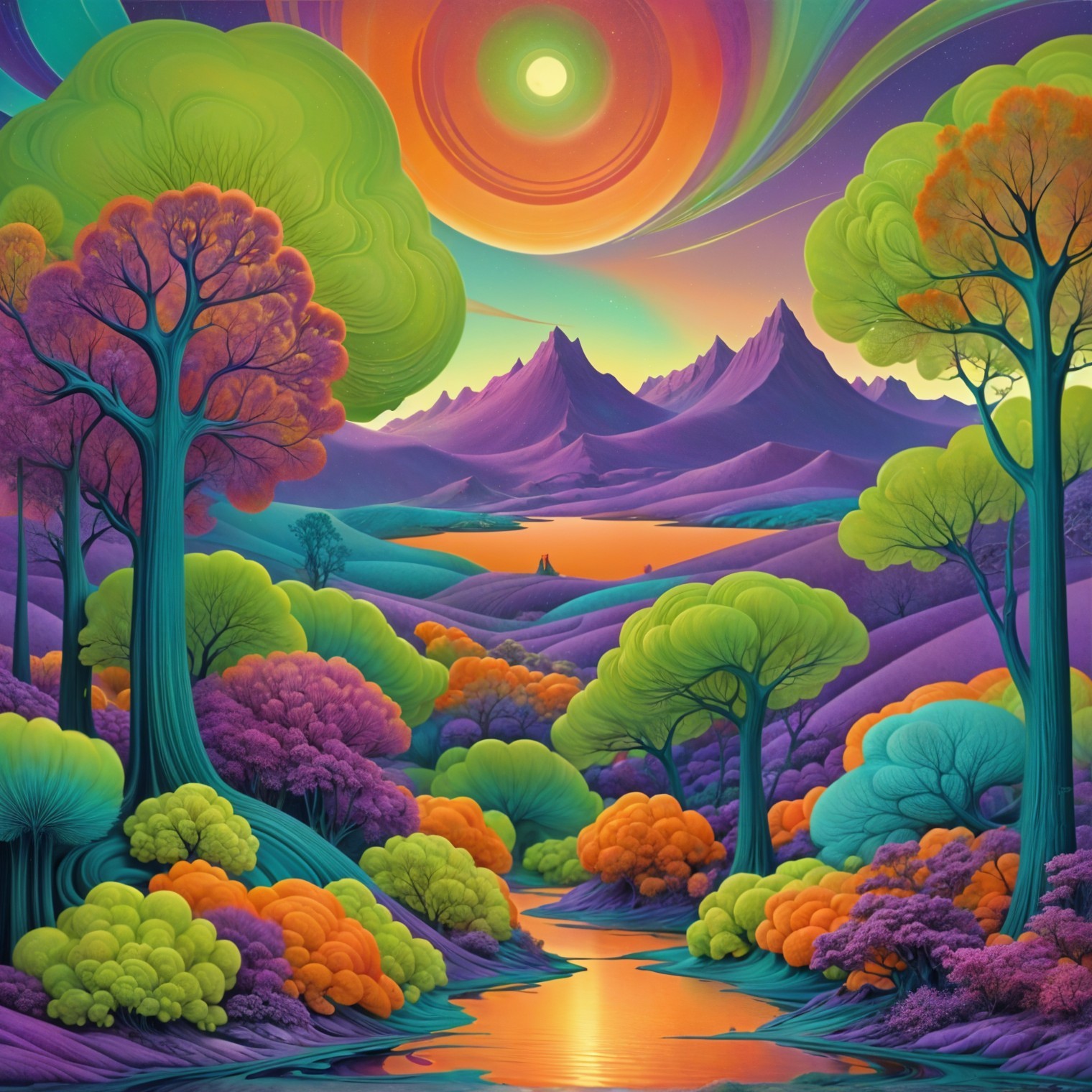 Surreal Landscape with Colorful Trees and Sunset