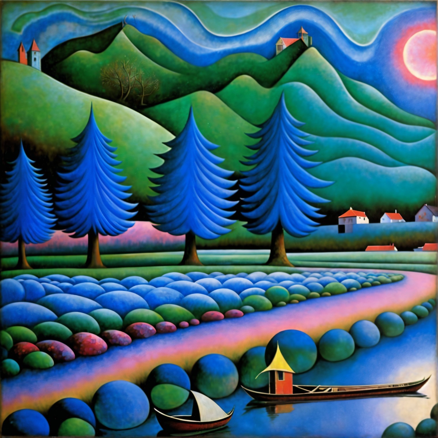 Vibrant landscape with hills, trees, and river scene