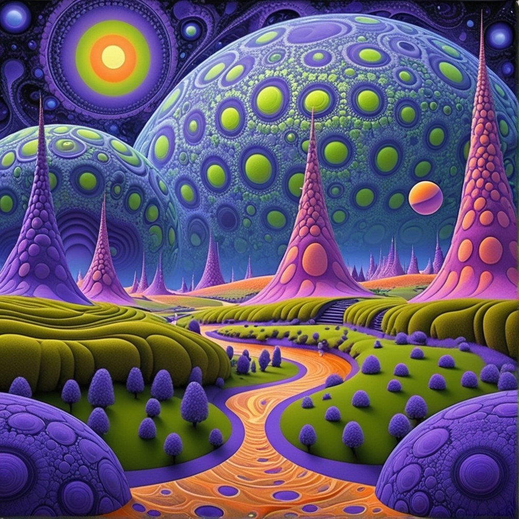 Vibrant Alien Landscape with Spires and Rolling Hills
