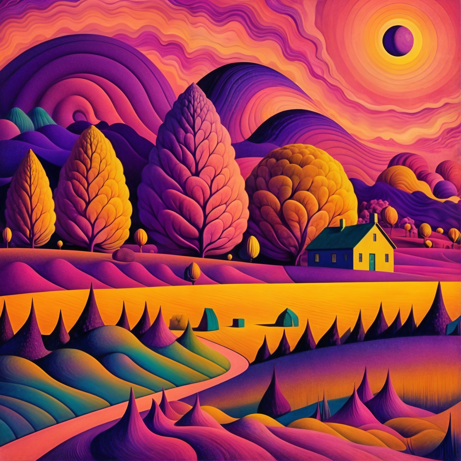 Vibrant Landscape with Colorful Hills and Trees