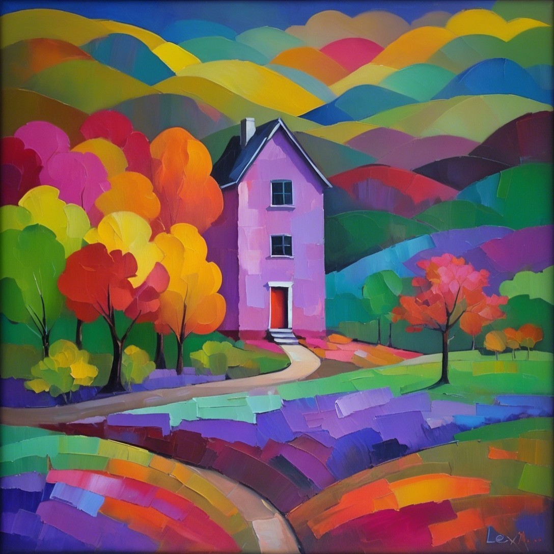 Vibrant Landscape with Whimsical Pink House and Autumn Trees