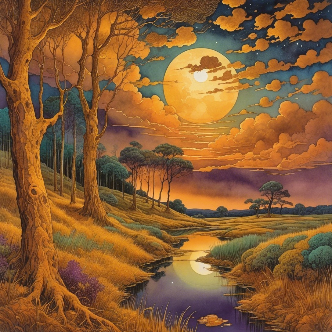 Serene Landscape with Trees and Orange Moonlight