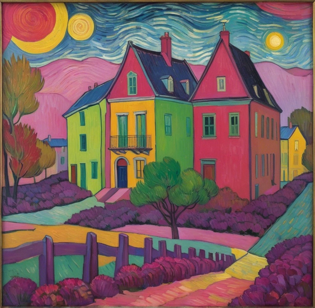 Vibrant Landscape with Colorful Houses and Sunset Sky