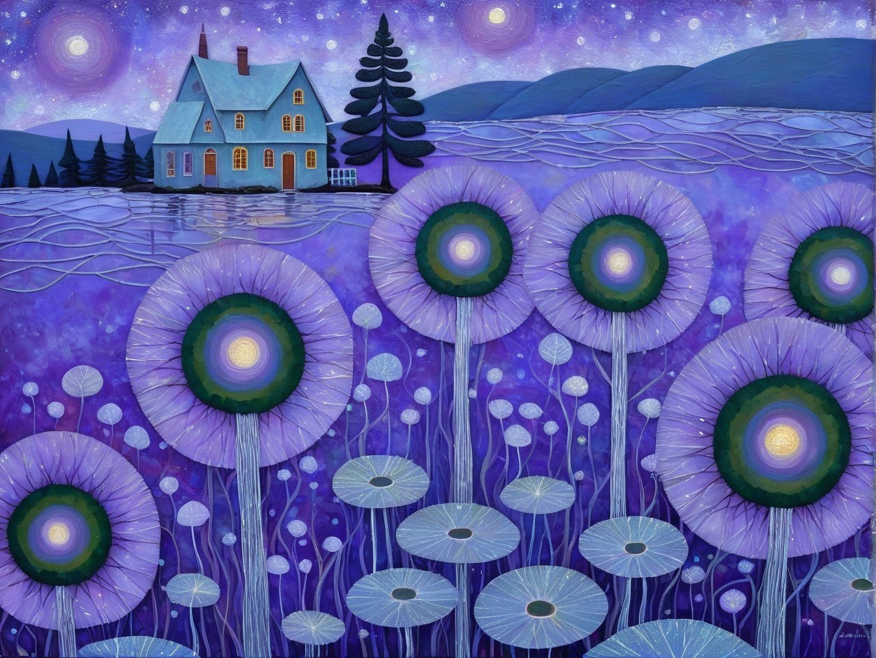 Whimsical Landscape with Blue House and Starry Sky