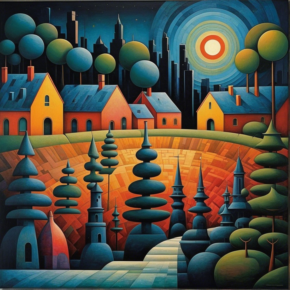 Vibrant Landscape with Colorful Houses and Urban Skyline