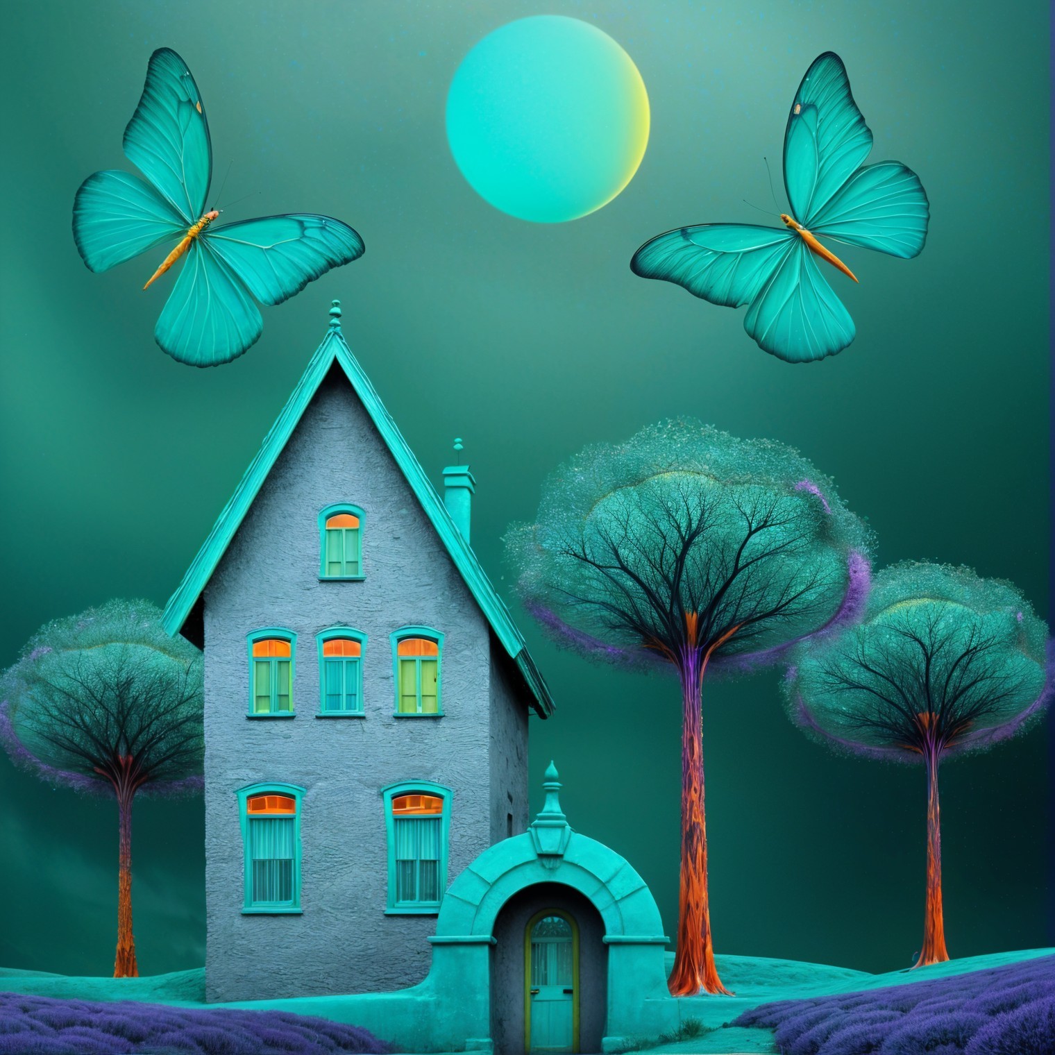 Whimsical House in a Surreal Turquoise Landscape