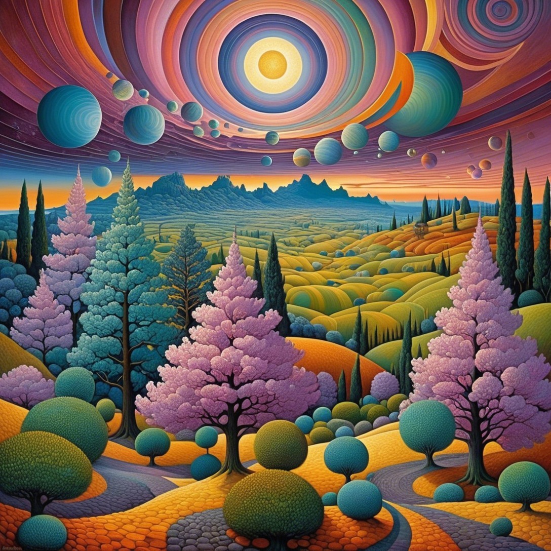 Surreal Landscape with Colorful Trees and Cosmic Sky