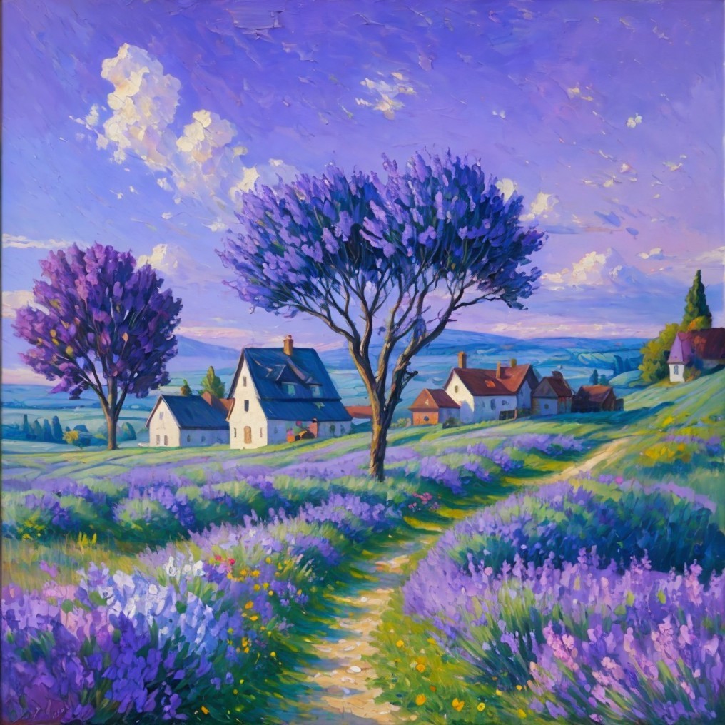 Vibrant Lavender Fields and Idyllic Cottages Landscape