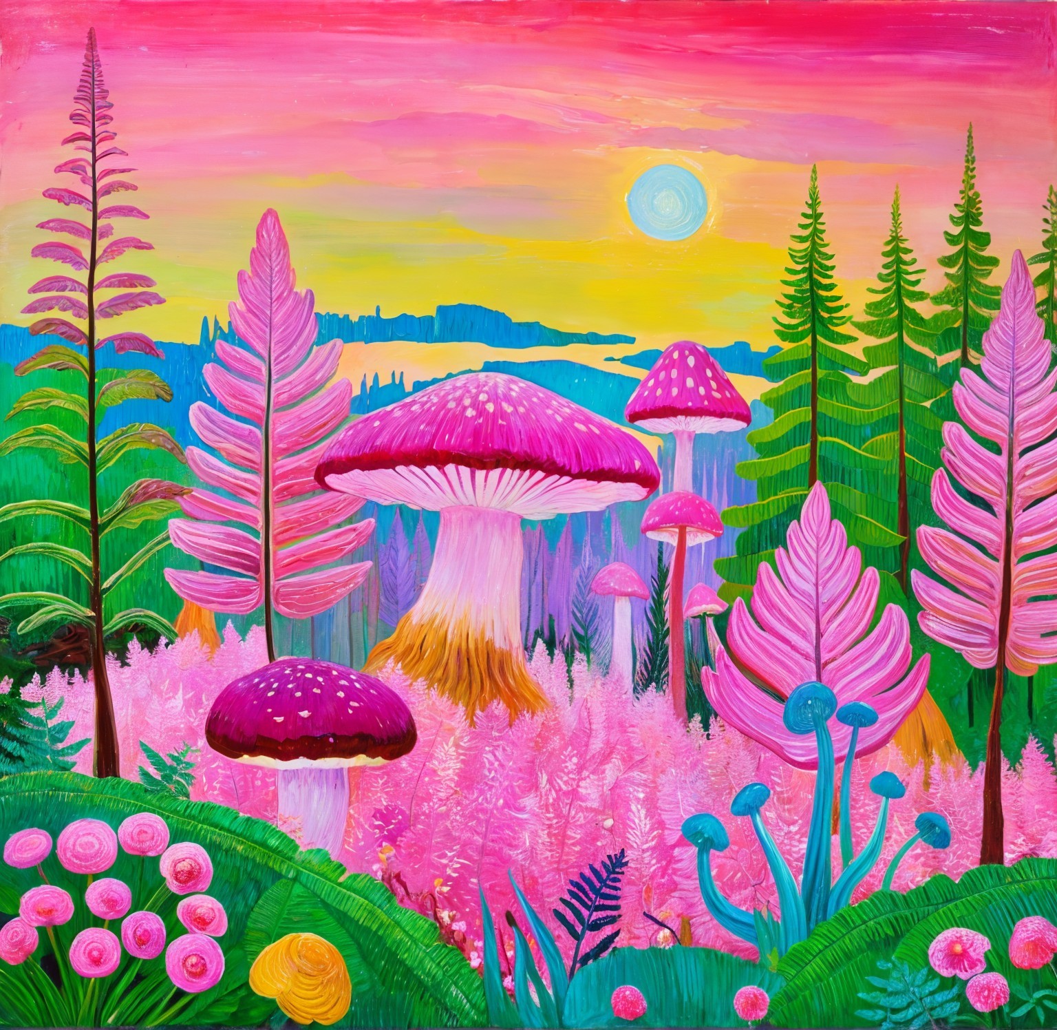 Whimsical Landscape with Colorful Mushrooms and Ferns