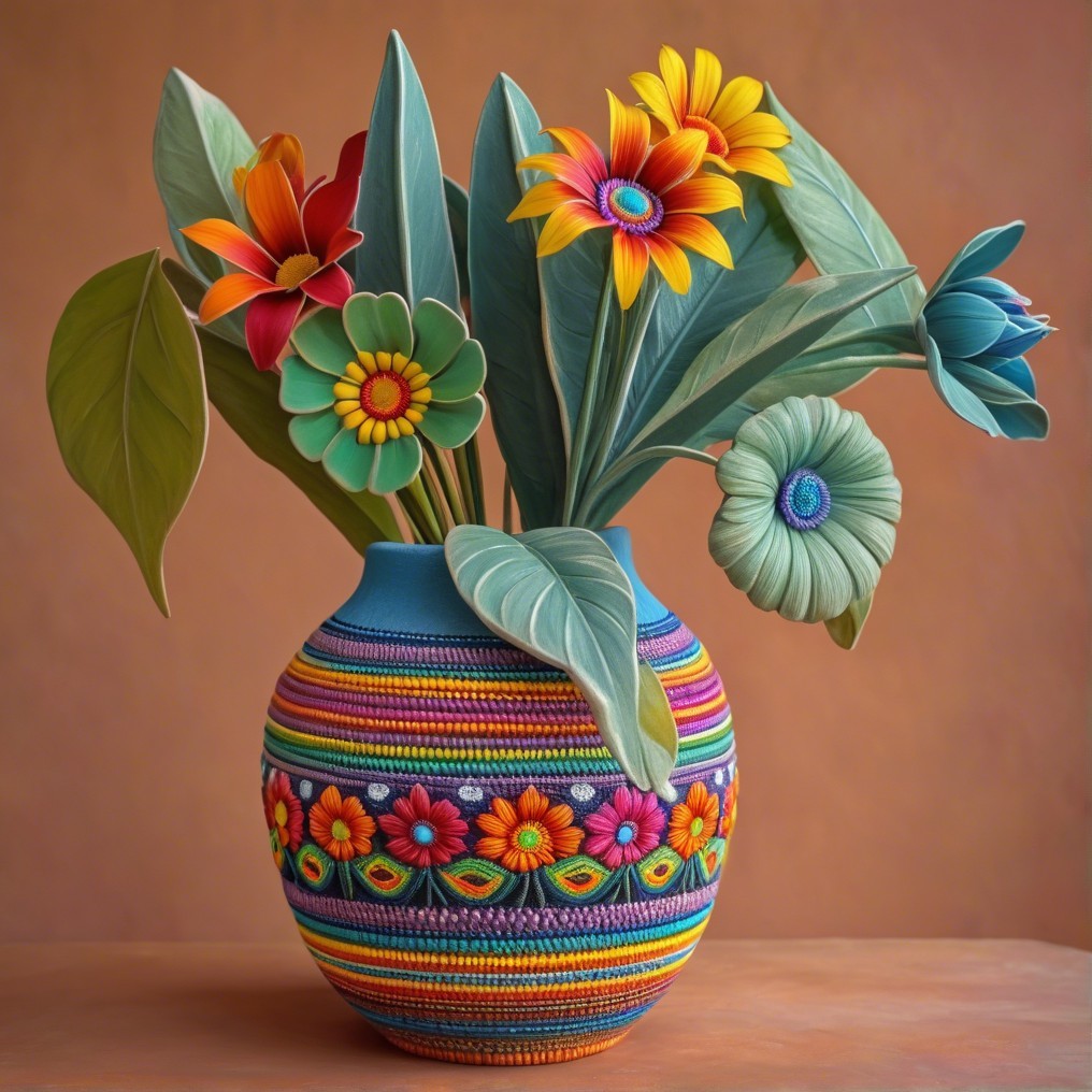 Ceramic Vase with Colorful Flowers on Wooden Surface