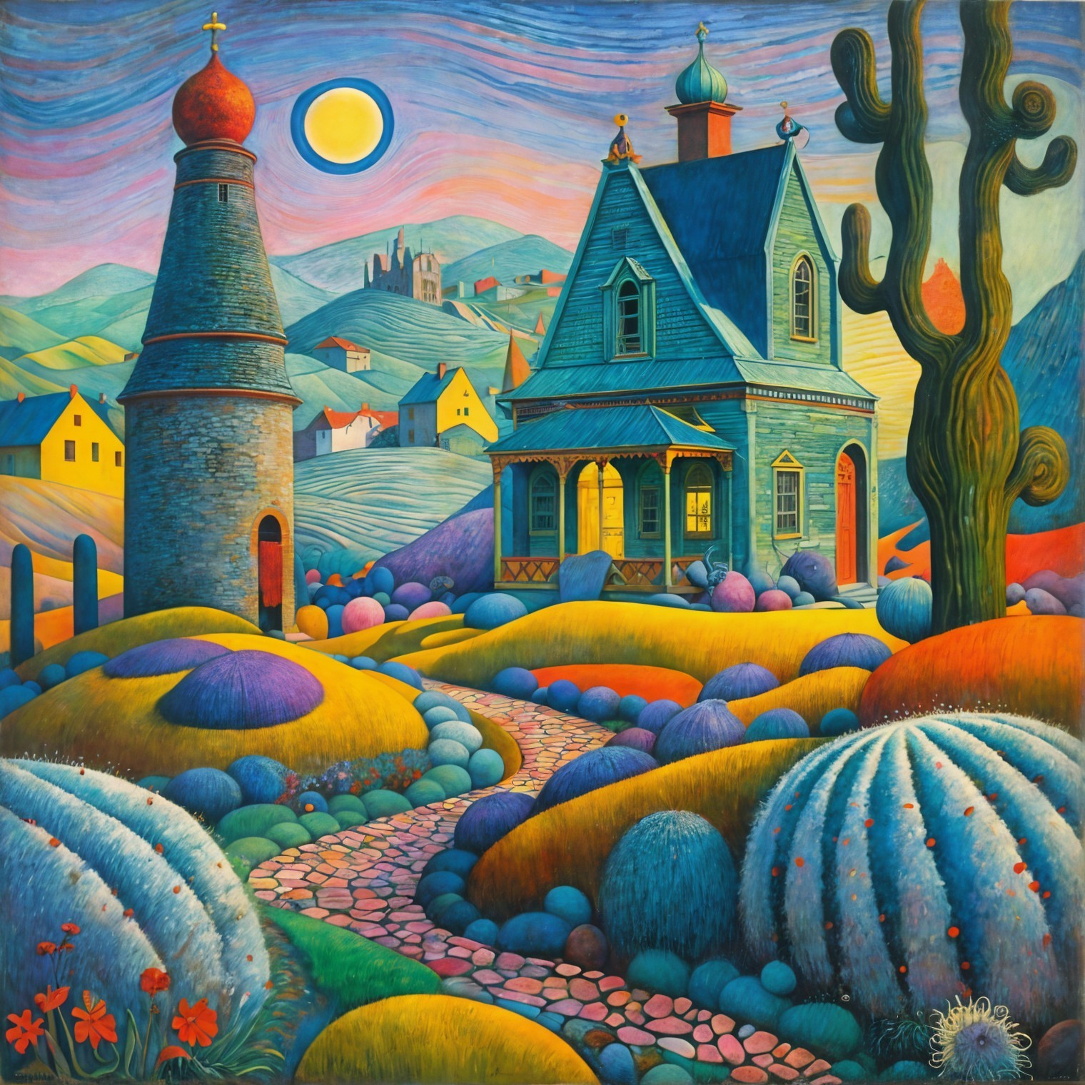 Whimsical Landscape with Vibrant Colors and Hills