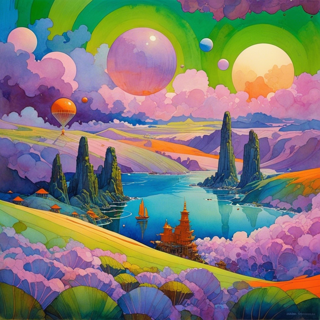 Surreal Landscape with Rocky Formations and Lake
