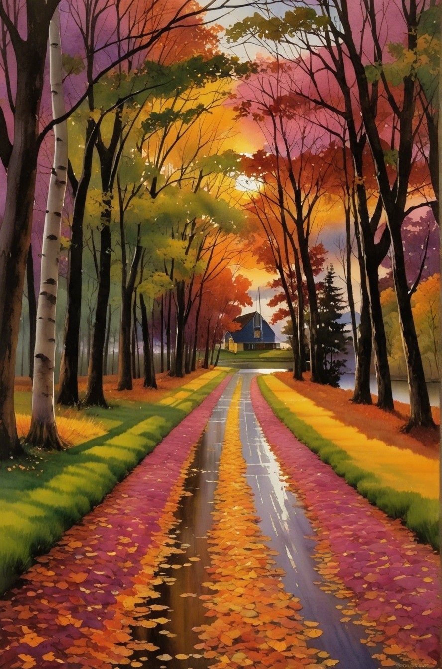 Autumn Pathway Surrounded by Colorful Trees and House