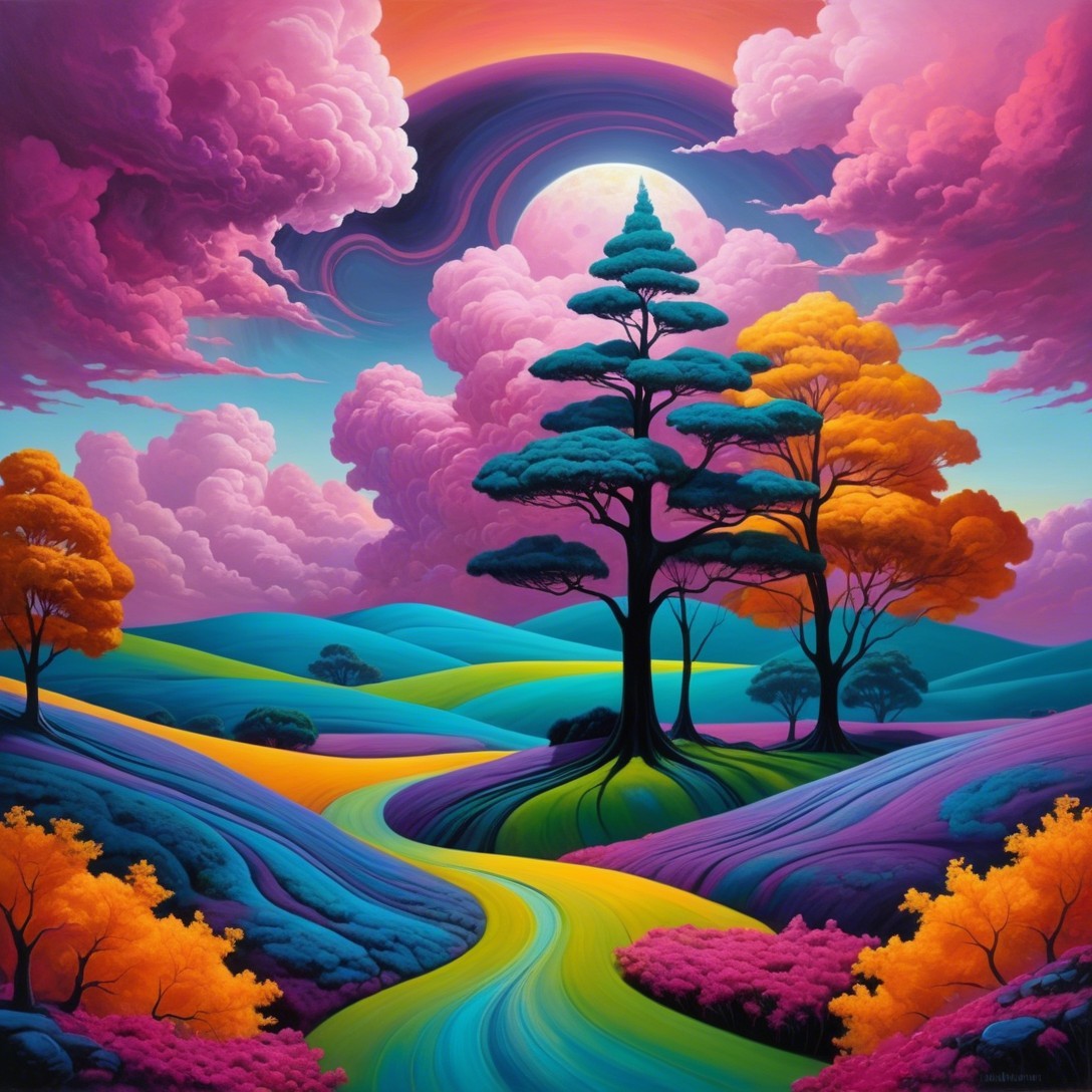 Surreal Landscape with Colorful Hills and Sky