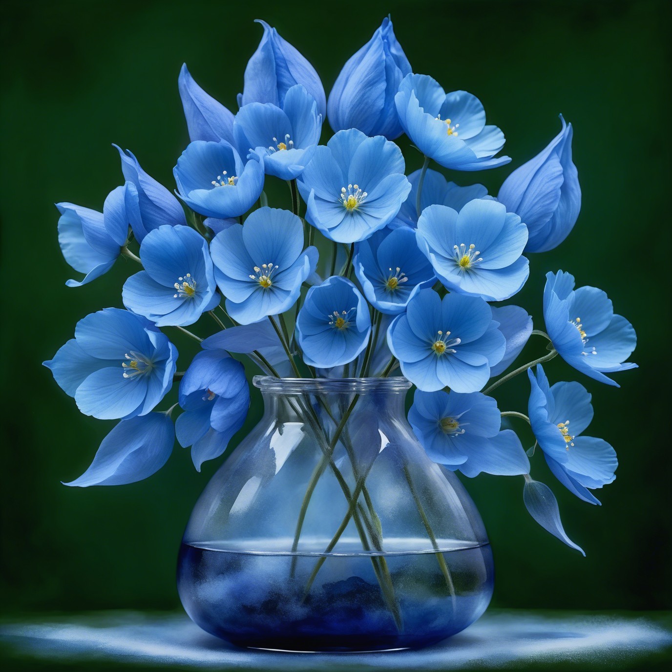 Blue Poppies in Glass Vase Against Dark Green Background