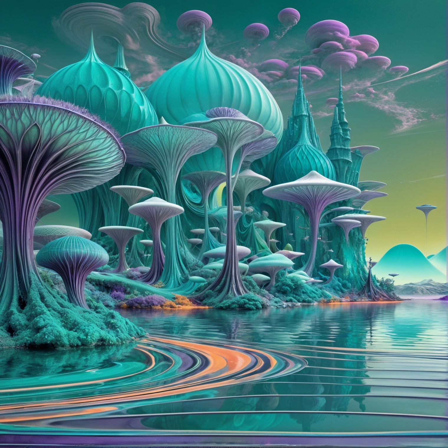 Surreal Landscape with Colorful Mushroom Structures