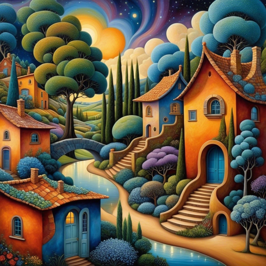 Whimsical Landscape with Colorful Houses and River