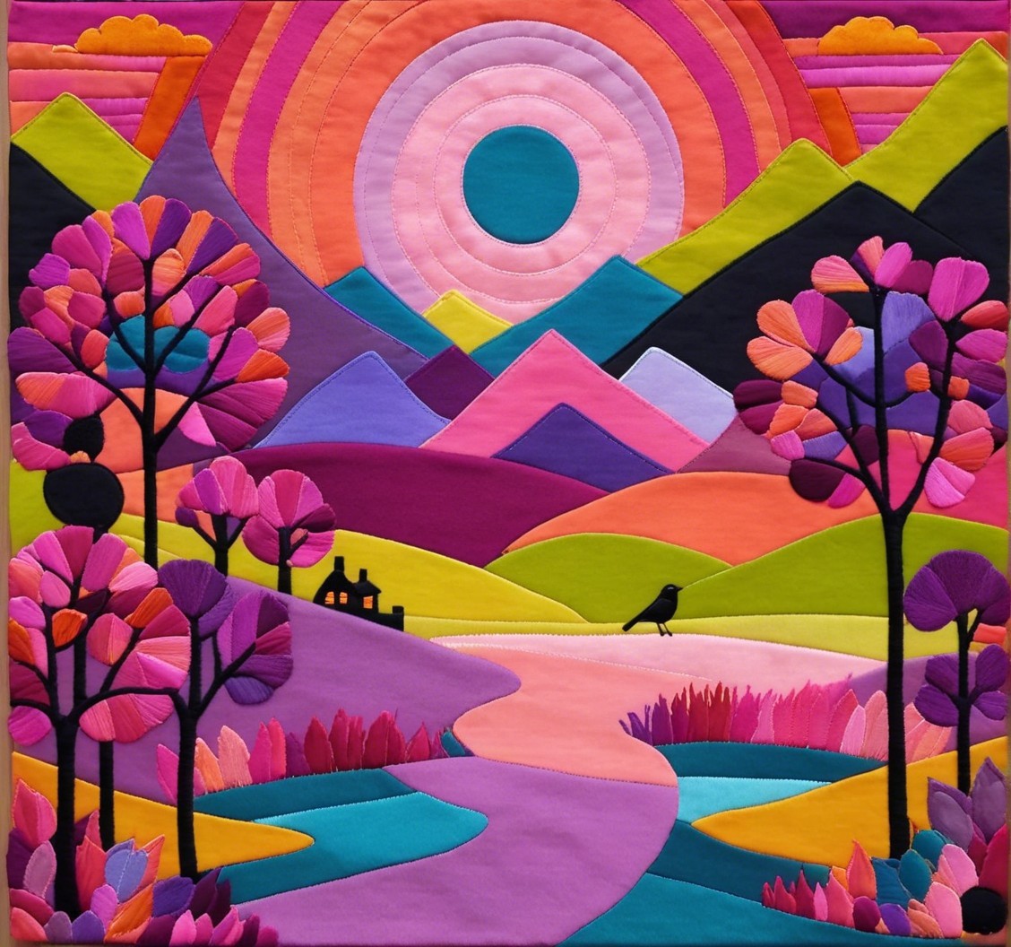 Vibrant Landscape Quilt with Colorful Nature Elements