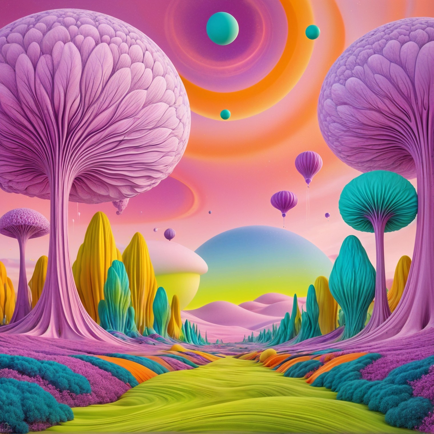 Surreal landscape with whimsical trees and pastel skies