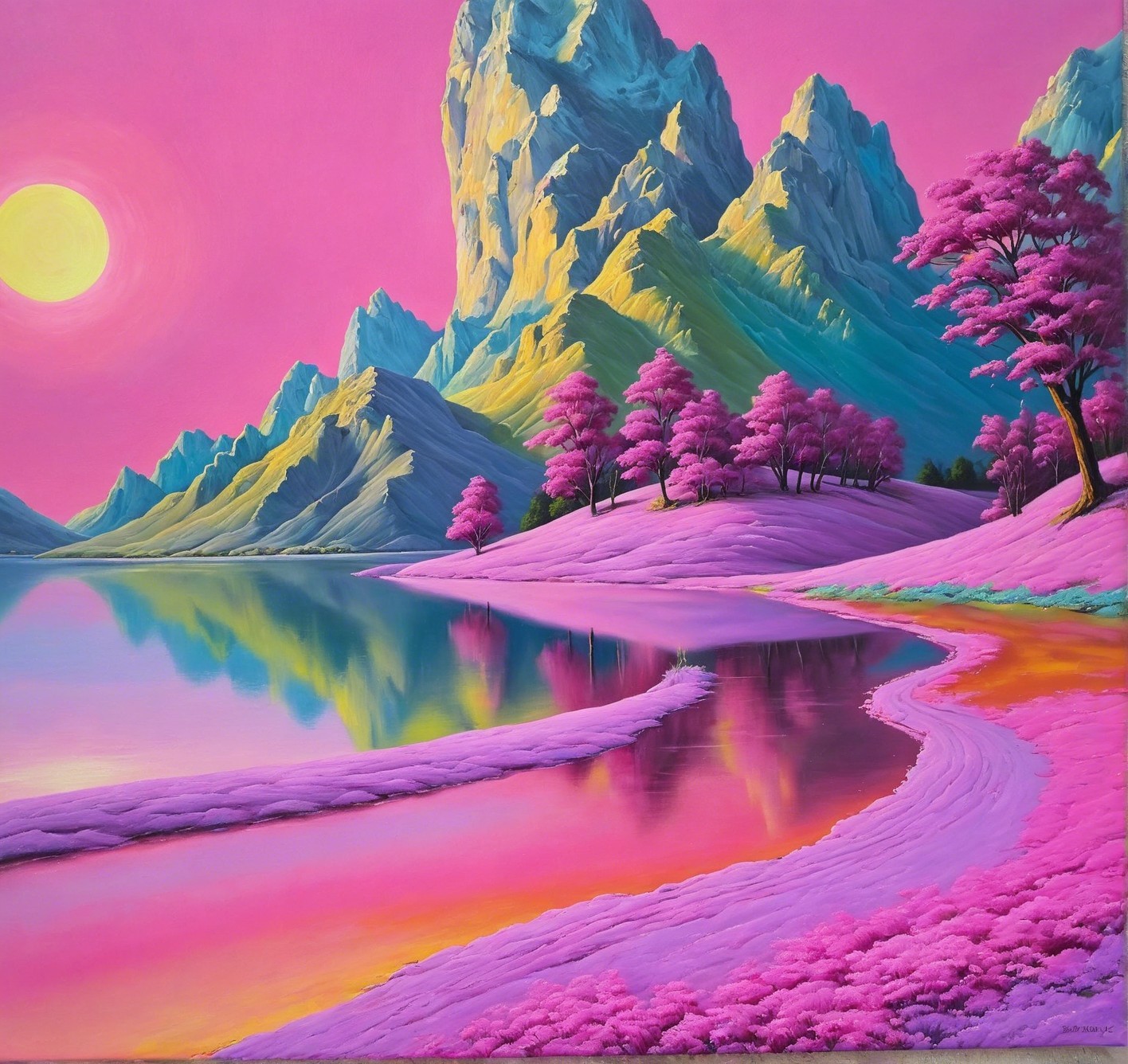 Vibrant Landscape Painting with Mountains and Lake