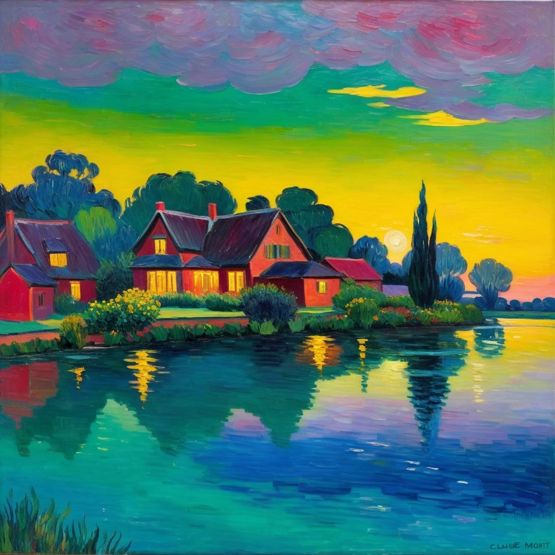 Tranquil Riverside Scene at Dusk with Vibrant Colors
