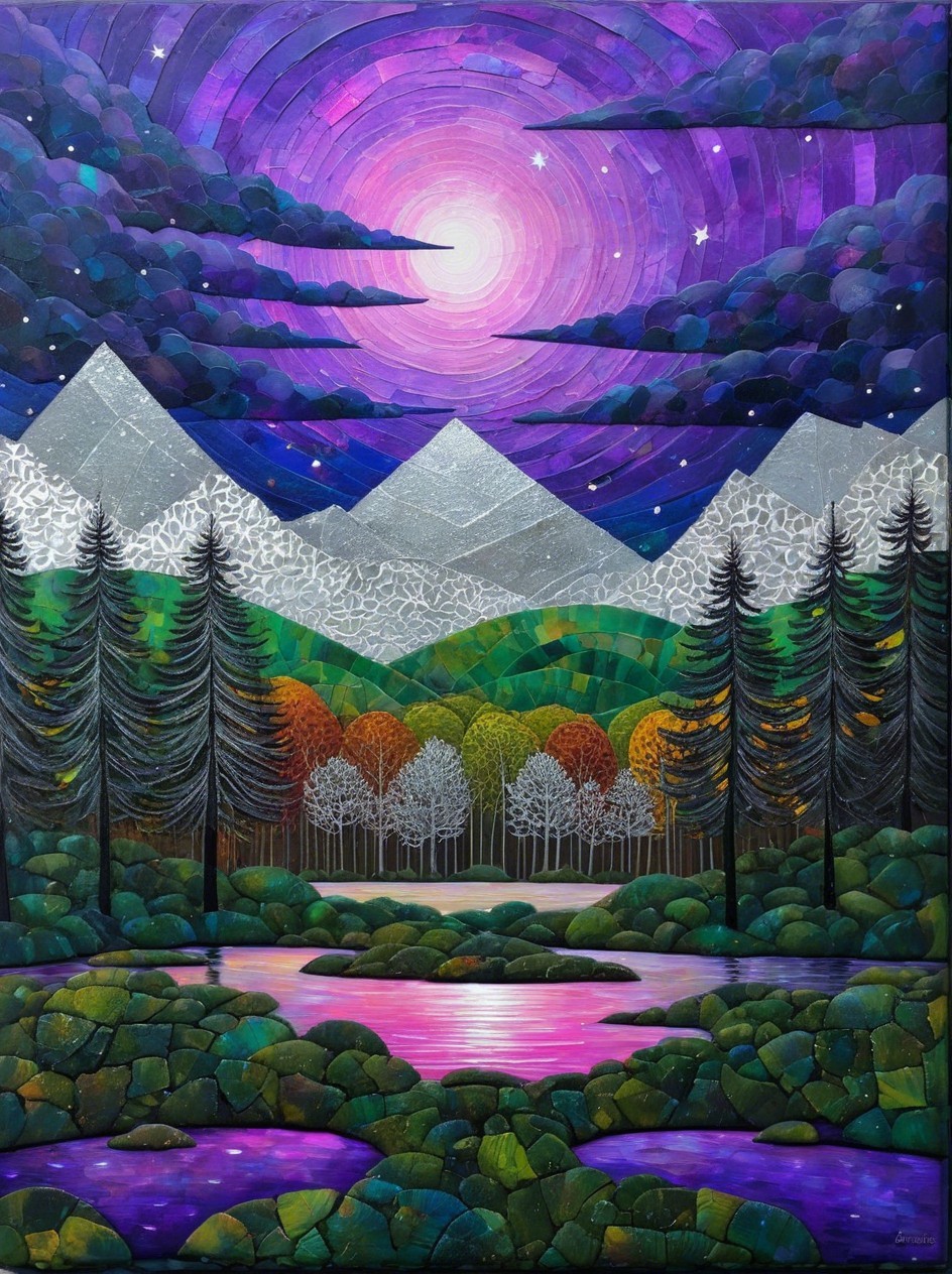 Majestic Mountains and Serene Pond Under Night Sky