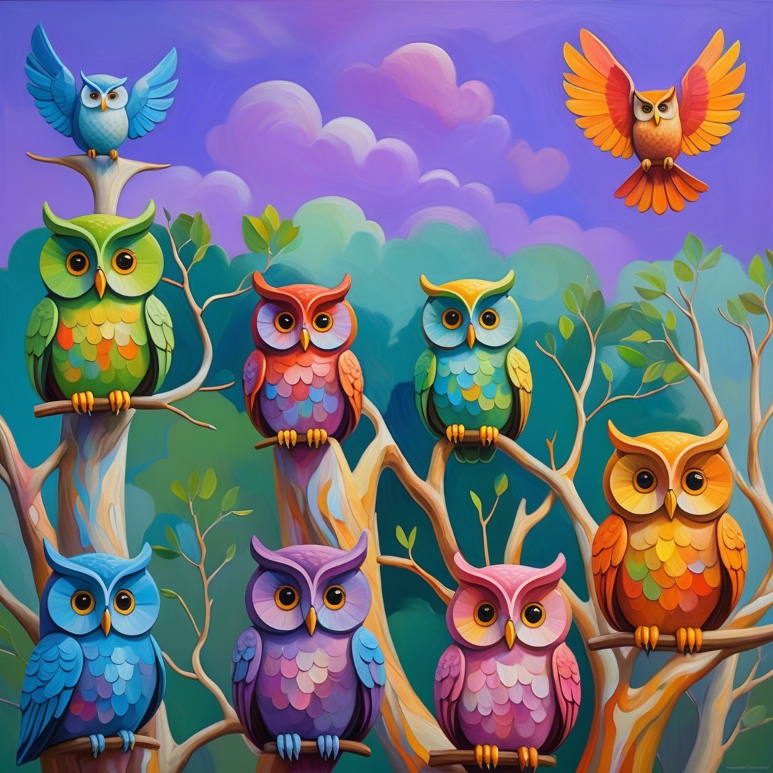 Colorful Illustration of Whimsical Owls in Purple Sky