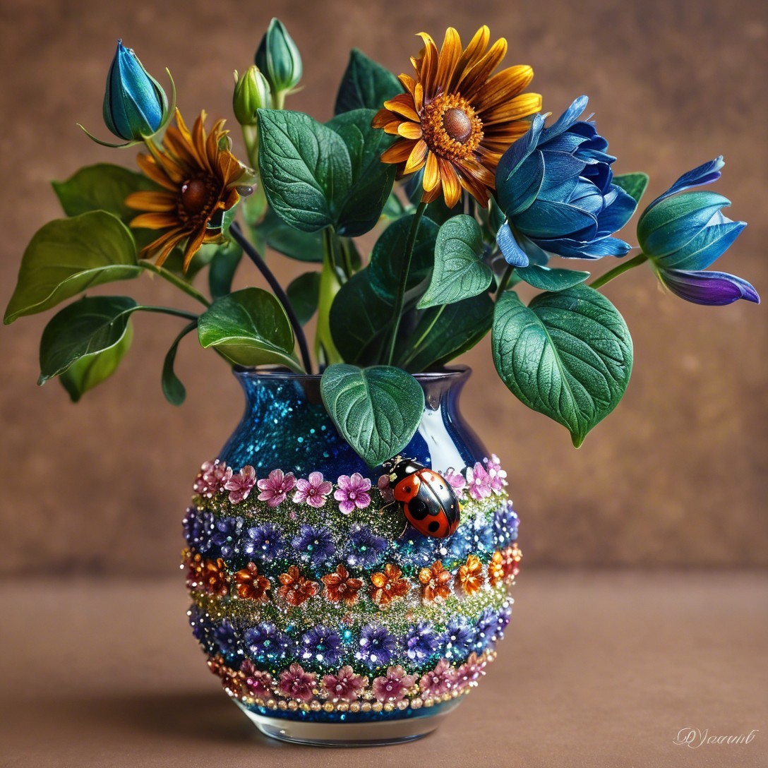 Vibrant vase with beadwork and flower arrangement