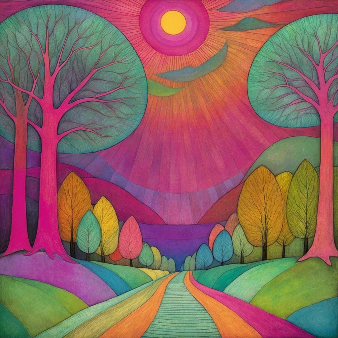 Colorful Landscape with Pink Trees and Rolling Hills