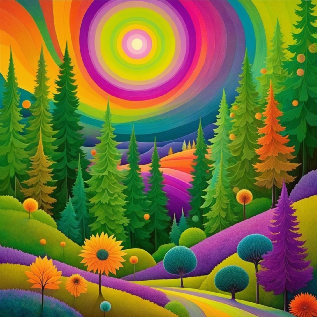 Vibrant Whimsical Landscape with Swirling Colors