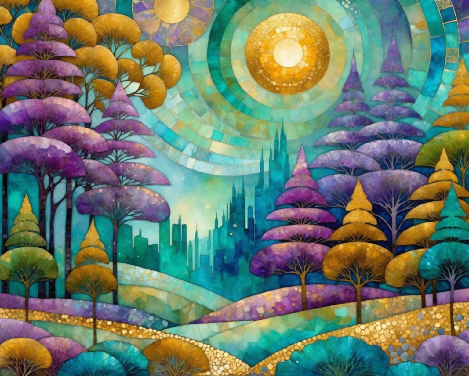Vibrant Watercolor Painting of a Magical Forest Landscape