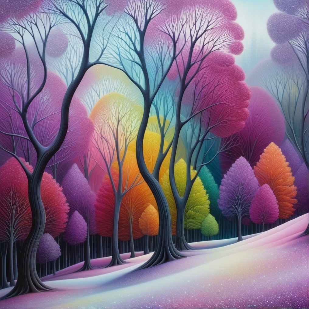 Surreal Landscape with Colorful Whimsical Trees