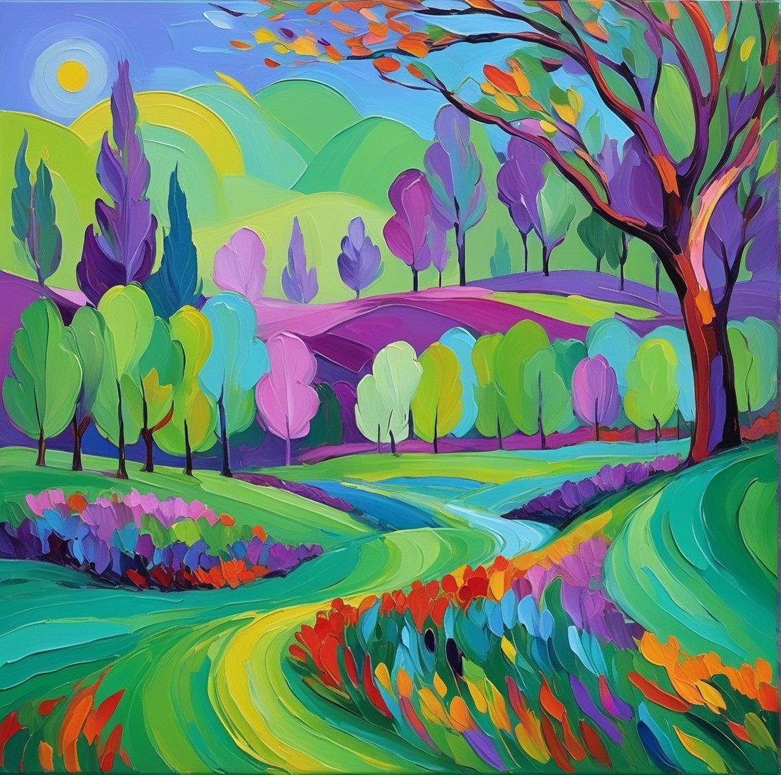Vibrant Impressionistic Landscape with Colorful Hills