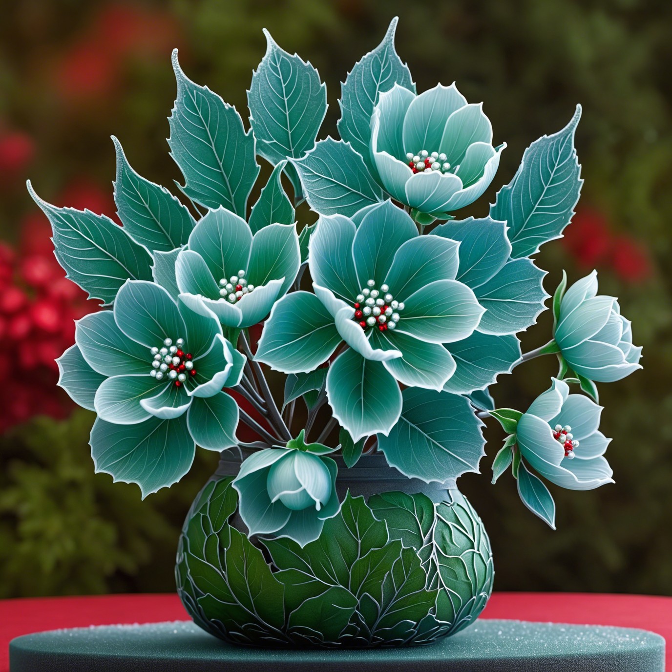 Frosty Blue-Green Christmas Roses in Decorative Vase