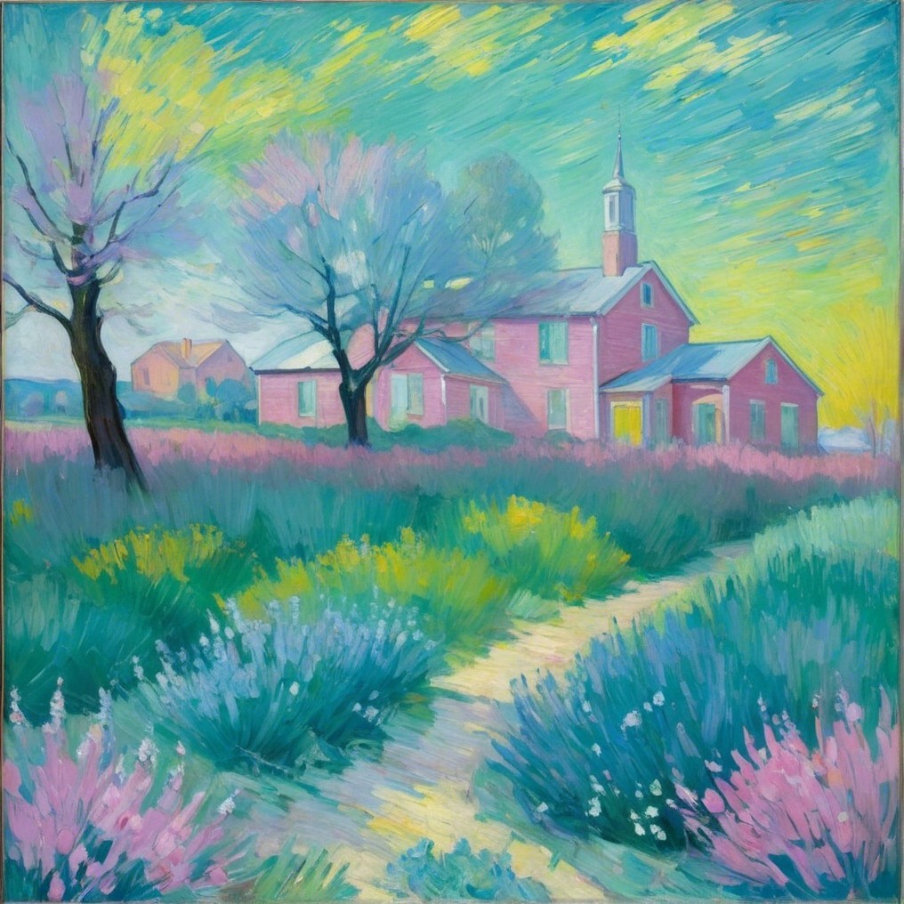 Vibrant Landscape with Pink House and Blooming Fields