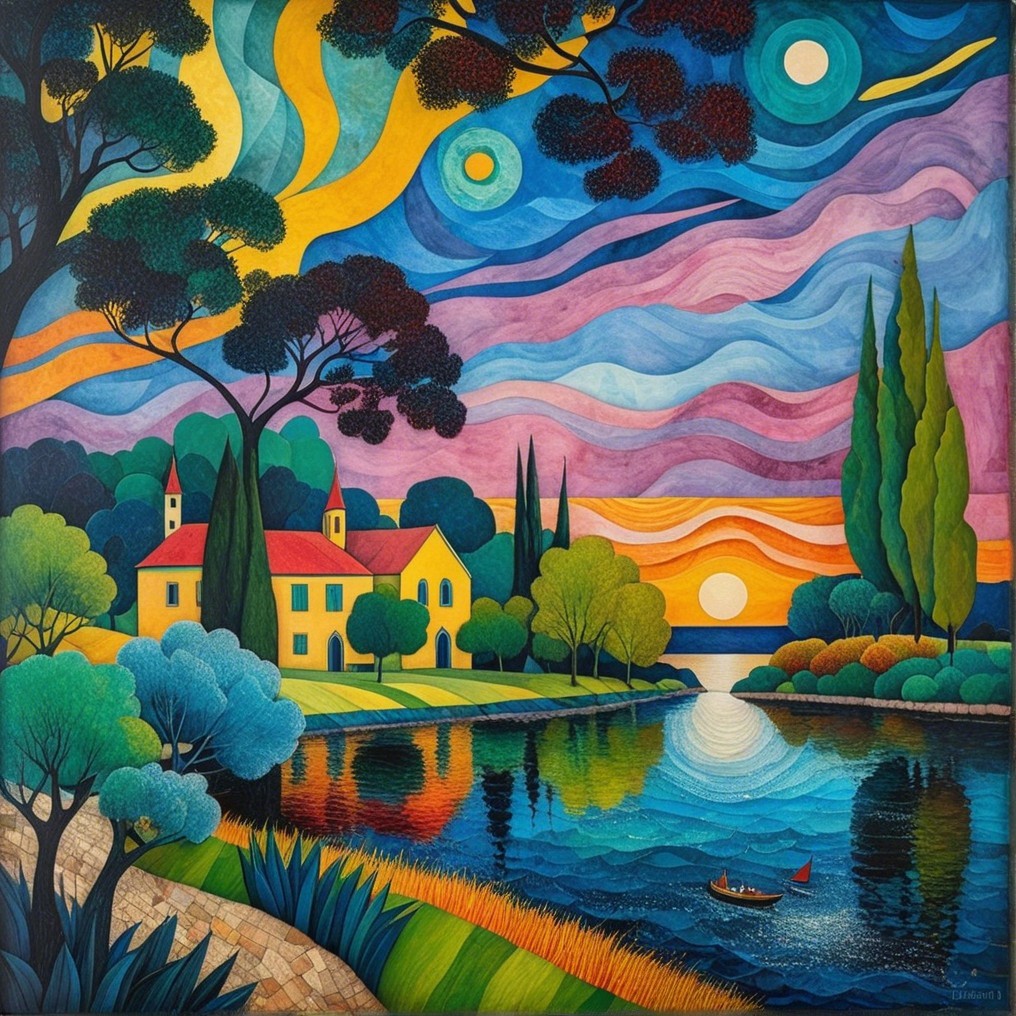 Vibrant landscape with river, house, and colorful sky