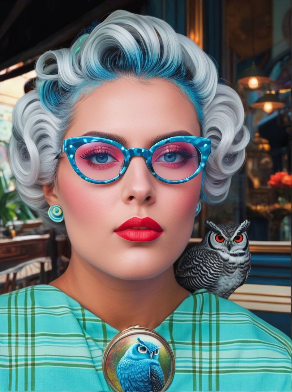Stylish woman with blue hair and vintage fashion elements