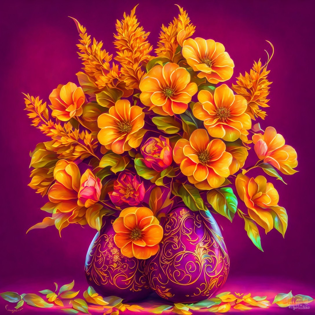 Vibrant Flower Arrangement in Purple Decorative Vase