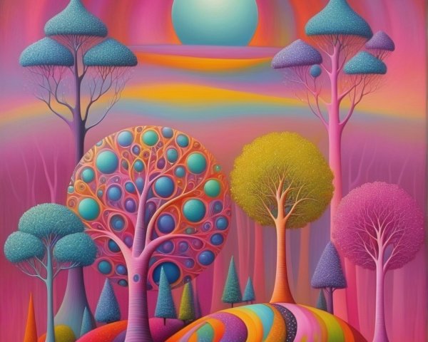 Surreal Landscape with Colorful Trees and Sunlight