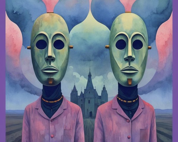 Humanoid Figures in Pastel Jackets Against Surreal Backdrop