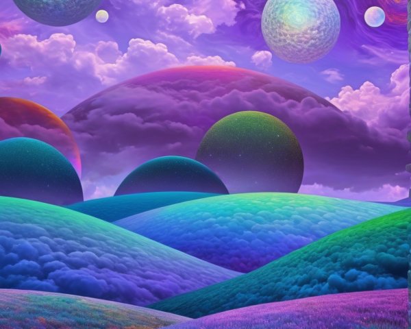 Surreal landscape with vibrant hills and cosmic sky