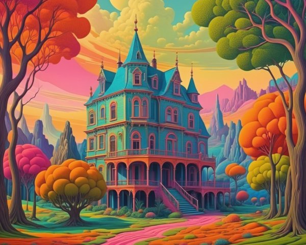 Colorful Victorian Mansion in Vibrant Landscape
